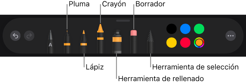 La barra de herramientas de dibujo con bolígrafo, lápiz, crayón, herramienta de rellenado, goma de borrar, herramienta de selección y la paleta de colores mostrando el color actual.