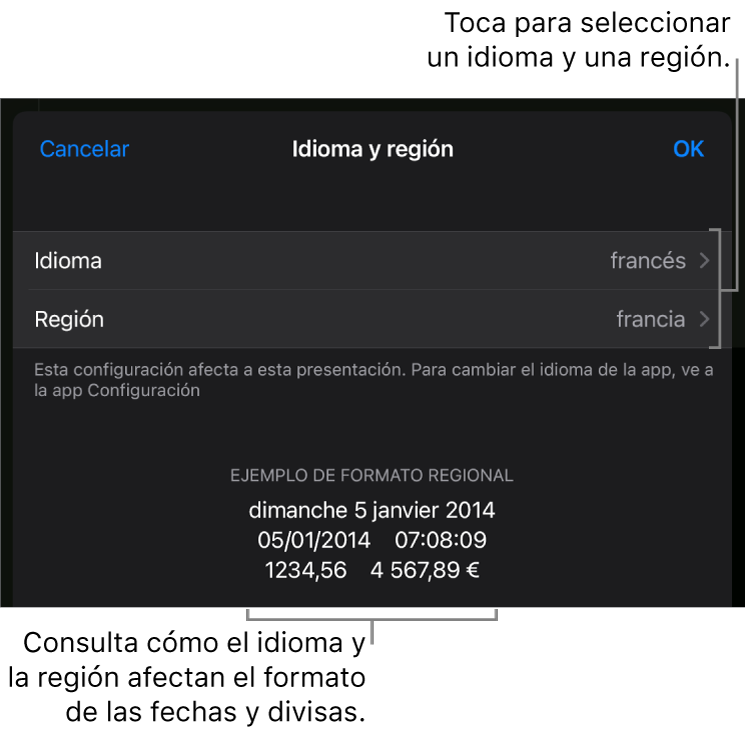El panel Idioma y región con controles para el idioma y la región, y un ejemplo de formato que incluye una fecha, una hora, y formatos decimales y de moneda.