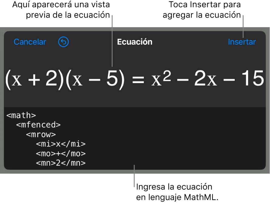 El cuadro de diálogo Ecuación con una ecuación escrita con comandos de MathML y una previsualización de la fórmula encima.