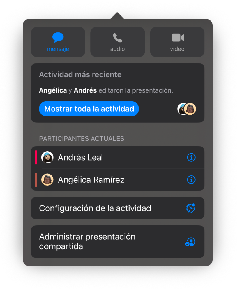 El menú de colaboración mostrando los nombres de las personas que colaboran en la presentación.