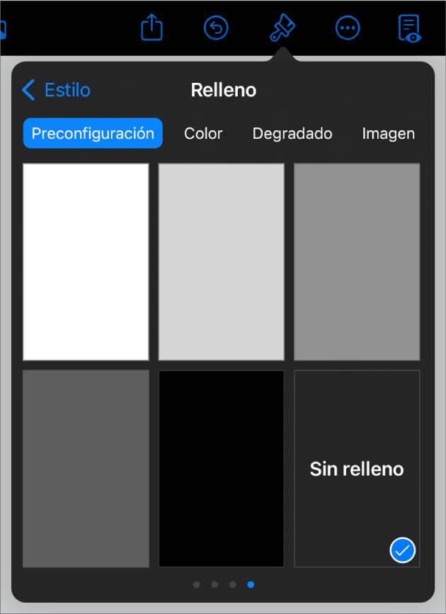 Los controles Relleno con la opción Sin Relleno seleccionada.
