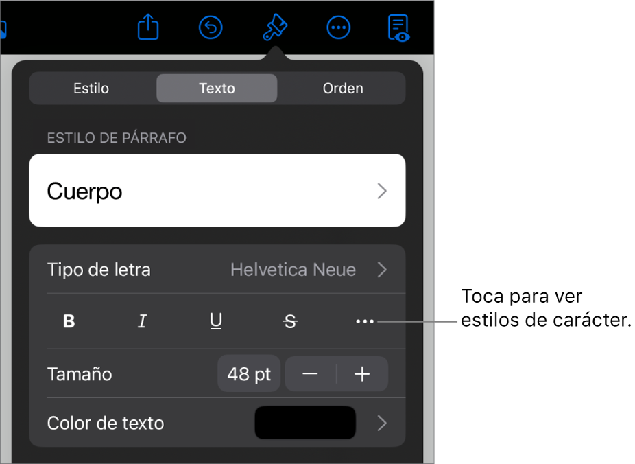 Los controles de formato con los estilos de párrafo en la parte superior, seguidos de los controles para Tipo de letra. Debajo de Tipo de letra aparecen los botones Negrita, Cursiva, Subrayado, Tachado y Más opciones de texto.