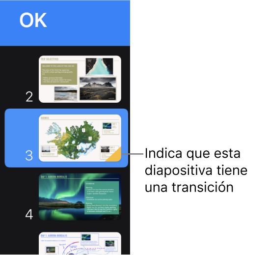 Un triángulo amarillo sobre una diapositiva indica que la diapositiva posee una transición.