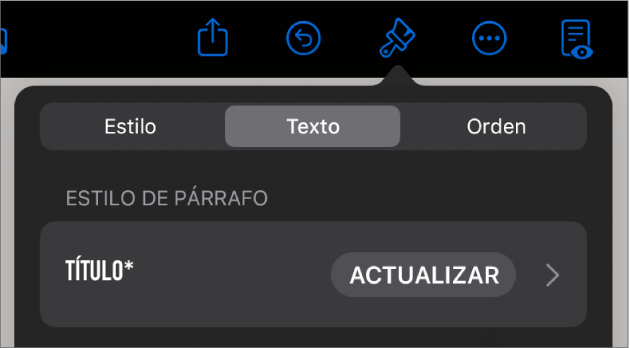 Un estilo de párrafo con un asterisco junto a él y un botón Actualizar a la derecha.