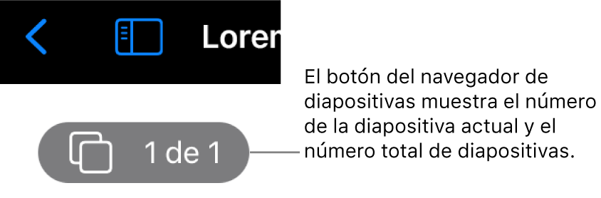 El botón del navegador de diapositivas mostrando el número de diapositiva actual y el número total de diapositivas en la presentación.