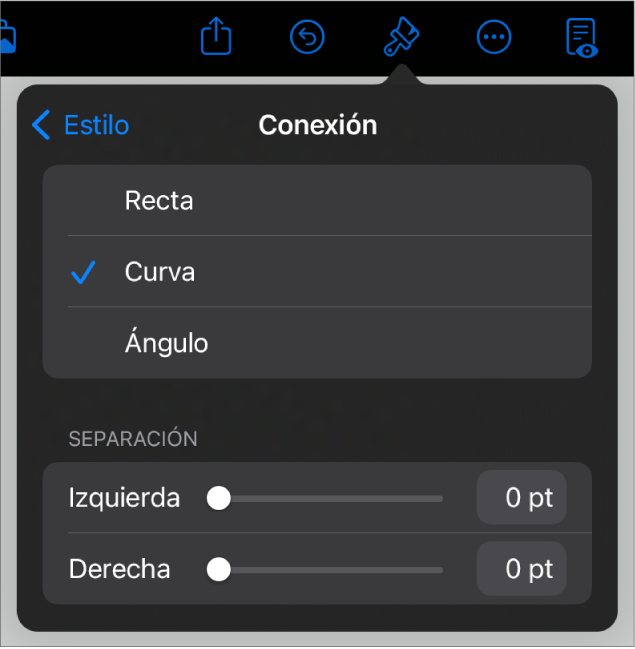 Los controles de Conexión con la opción Curva seleccionada.