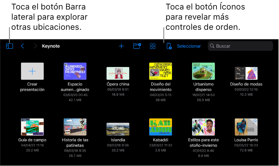 La vista de exploración del administrador de presentaciones con el botón Barra lateral en la esquina superior izquierda. En la parte superior derecha están el botón Agregar, el botón Nueva carpeta, el botón Íconos (para ordenar por nombre, fecha, tamaño o etiqueta), el botón Seleccionar y el botón Buscar. Debajo hay miniaturas de las presentaciones existentes.