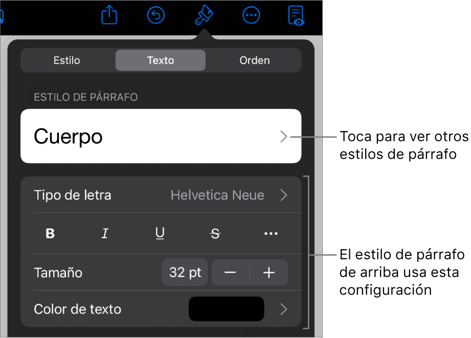 El menú Formato mostrando los controles de texto para configurar los estilos de párrafo y carácter, tipo de letra, tamaño y color.