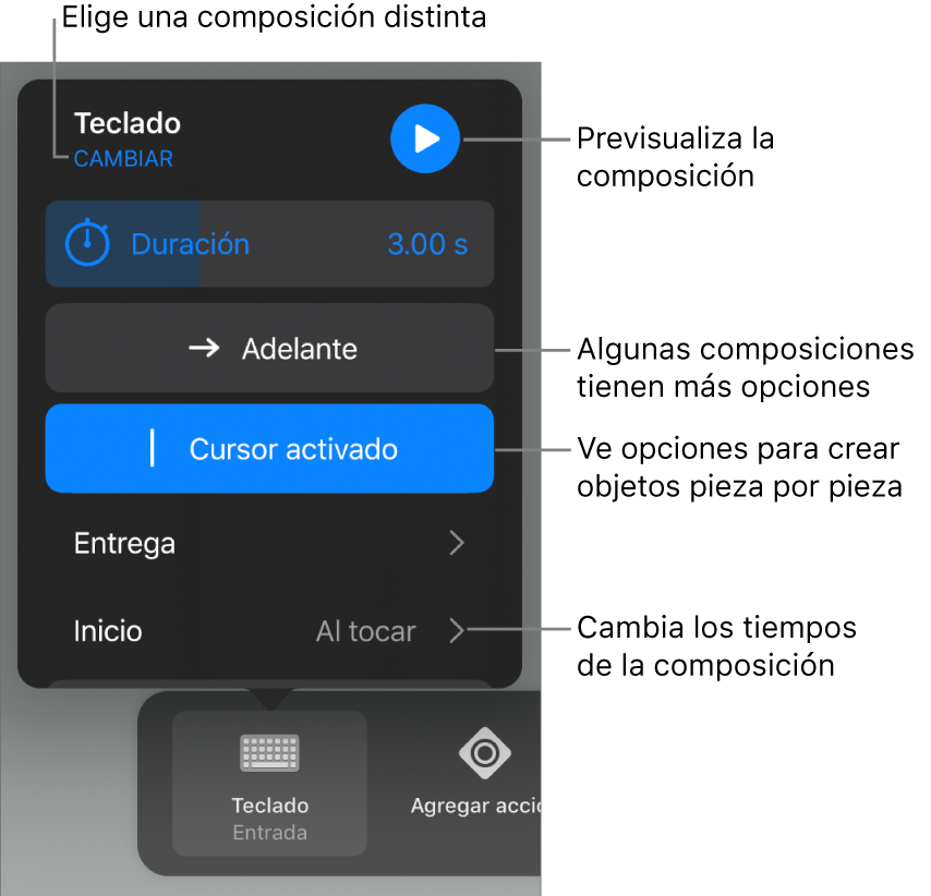 Las opciones de composición incluyen los tiempos de duración, entrega e inicio. Toca Cambiar para seleccionar una composición distinta, o toca Previsualización para previsualizar la composición.