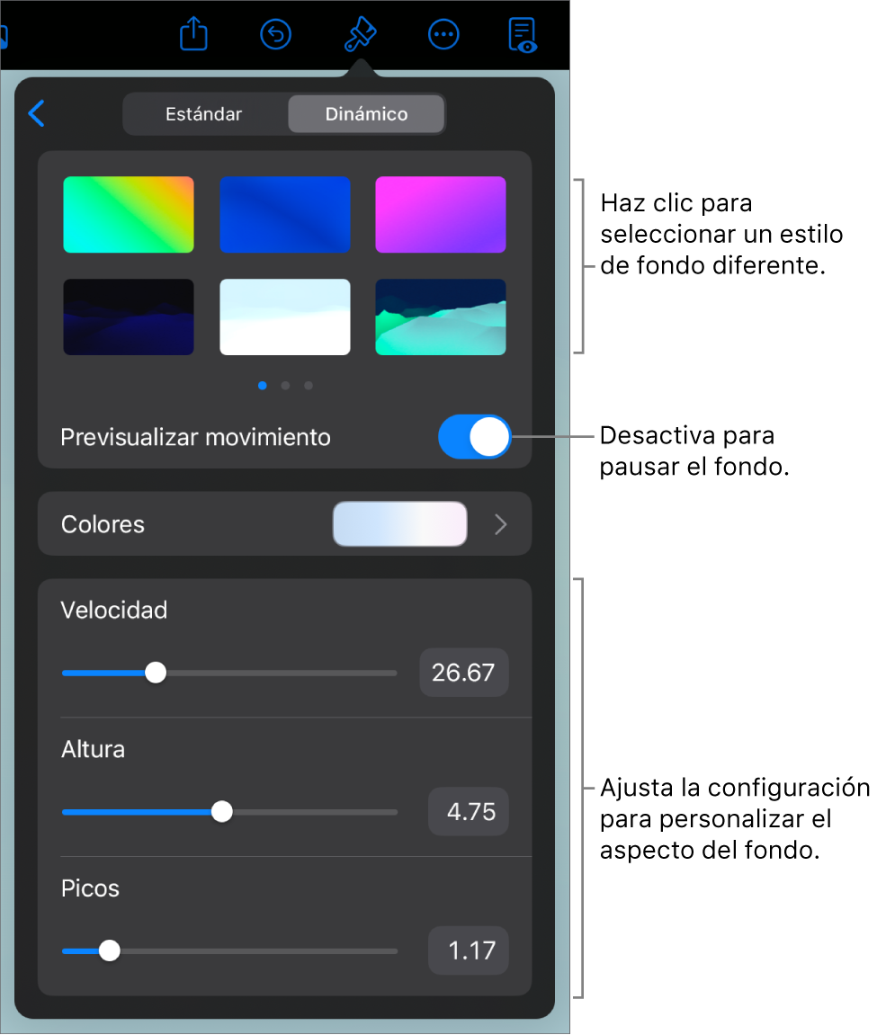 Los controles de fondo dinámico con las miniaturas de estilo de fondo, el botón Previsualizar movimiento y los controles de personalización.