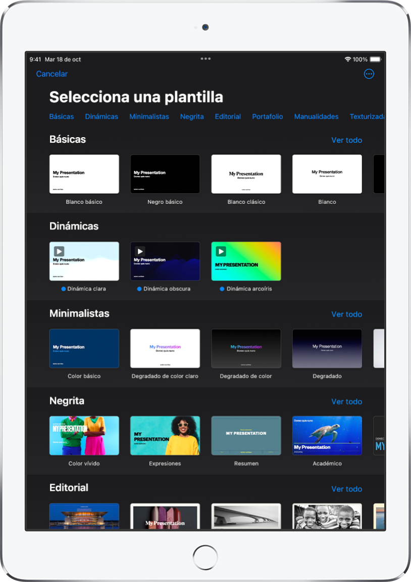 El selector de plantilla muestra una fila de categorías a lo largo de la parte superior en las que puedes tocar para filtrar las opciones. Debajo se encuentran miniaturas de plantillas prediseñadas organizadas por categoría.