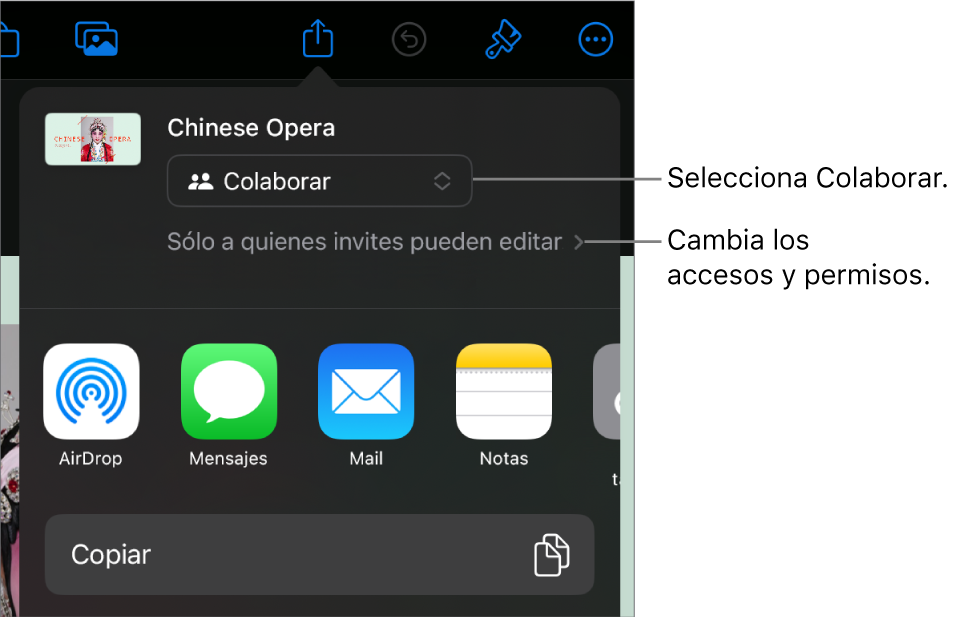 El menú Compartir con la opción Colaborar seleccionada en la parte superior, y la configuración de acceso y permisos debajo.