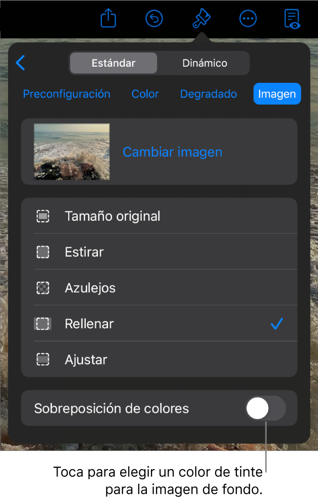 Los controles Fondo con una imagen establecida como fondo de la diapositiva y el control Sobreposición de colores en la parte inferior.