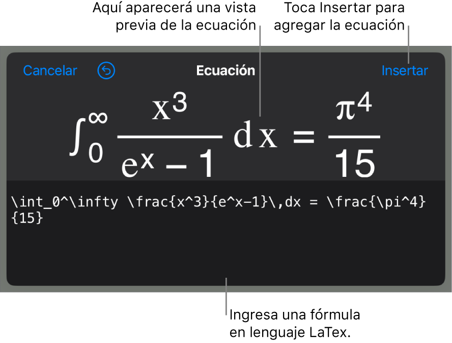 El cuadro de diálogo Ecuación con una ecuación escrita con comandos de LaTeX y una previsualización de la fórmula encima.