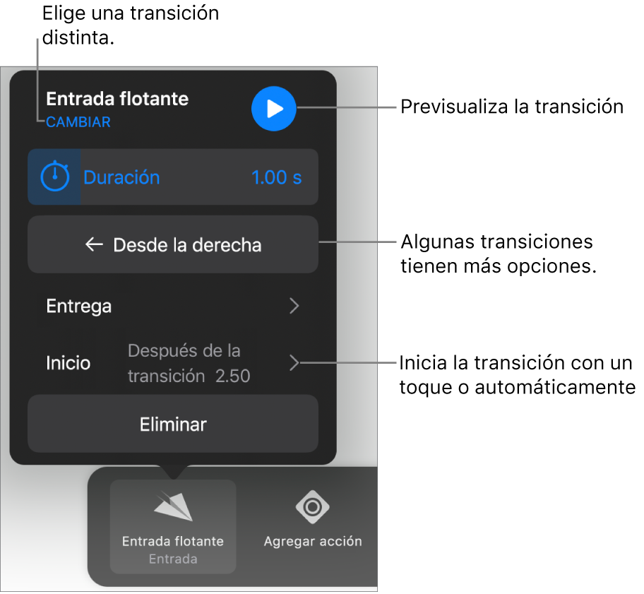 Controles del panel Opciones para modificar una transición.