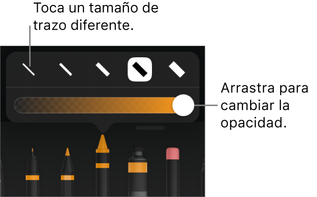 Controles para elegir el tamaño del trazo y selector para ajustar la opacidad.