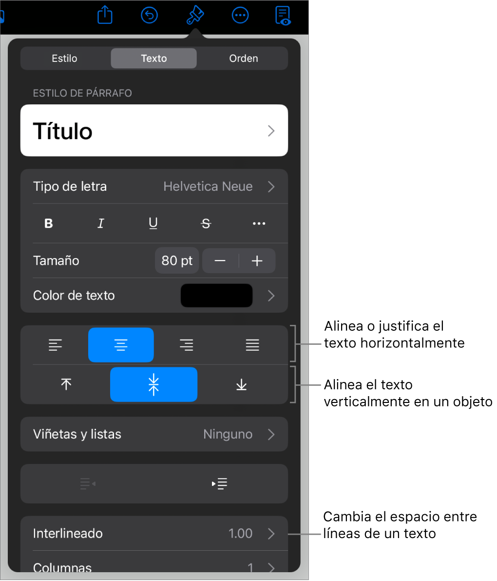 El panel Alineación con mensajes en los botones de alineación de texto y espaciado.