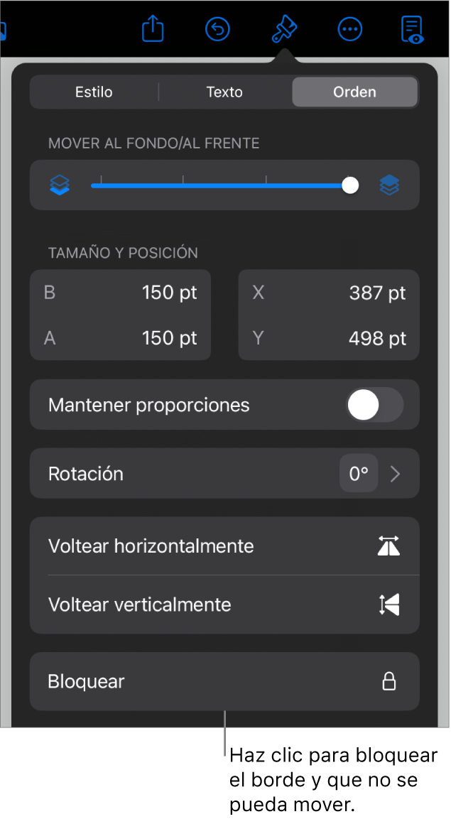 Los controles Disposición del menú Formato con un mensaje en la opción Bloquear.