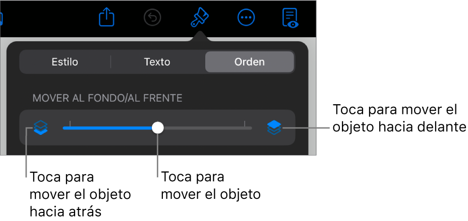 Botón Mover hacia atrás, botón Mover hacia delante y regulador de capa.