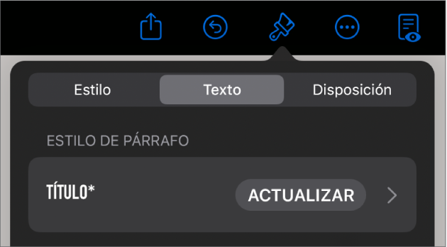Un estilo de párrafo con un asterisco junto a él y un botón Actualizar a la derecha.
