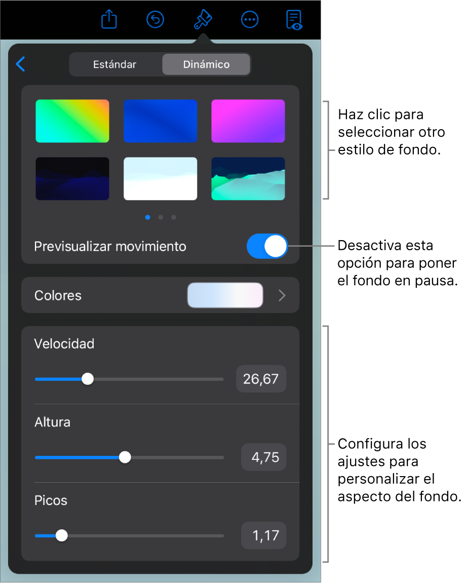 Los controles de fondo dinámico con las miniaturas de estilo de fondo, el botón “Previsualizar movimiento” y los controles de personalización.