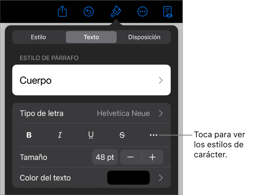 Los controles de Formato con los estilos de párrafo en la parte superior y, después, los controles de “Tipo de letra”. Debajo de “Tipo de letra” están los botones Negrita, Cursiva, Tachado y “Más opciones de texto”