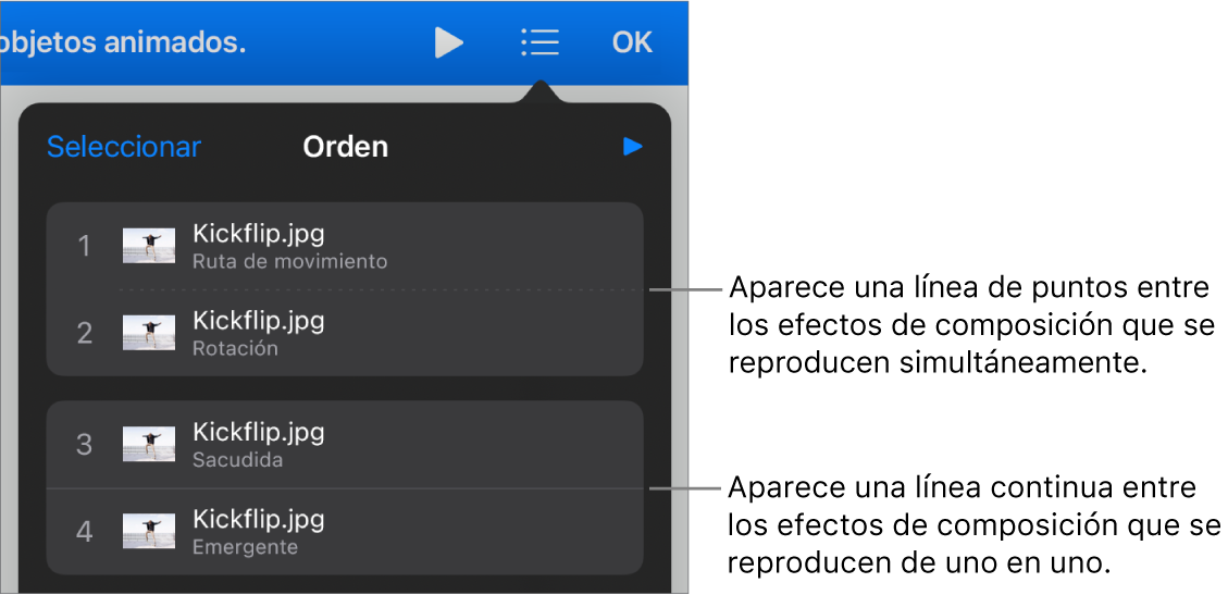 El menú “Orden de composición” con una línea de puntos entre los efectos de composición que se reproducen simultáneamente y una línea continua entre los efectos de composición que se reproducen de uno en uno.
