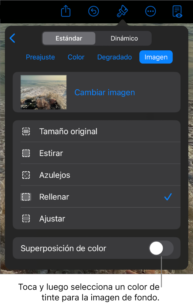 Los controles de Fondo con una imagen establecida como el fondo de la diapositiva y el control “Superposición de color” en la parte inferior.