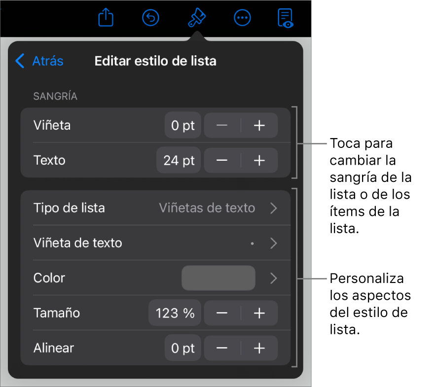 Menú “Editar estilo de lista” con controles para editar el tipo de lista y su apariencia.