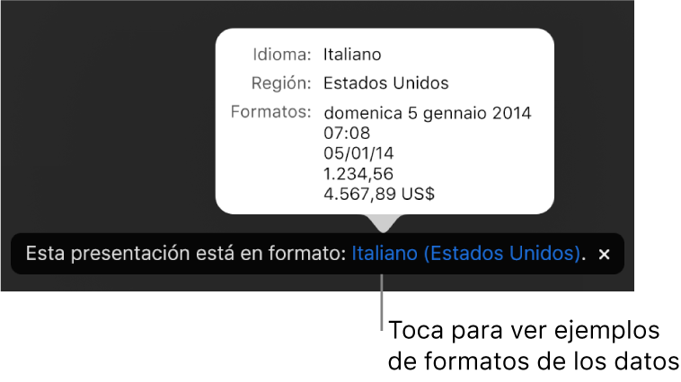 La notificación del ajuste de idioma y formato distinto, con ejemplos del formato en ese idioma y región.