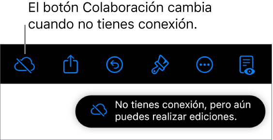 Los botones de la parte superior de la pantalla, con el botón Colaboración cambiado a una nube con una línea diagonal que la atraviesa. Un aviso en la pantalla dice “No tienes conexión, pero aún puedes realizar ediciones”.