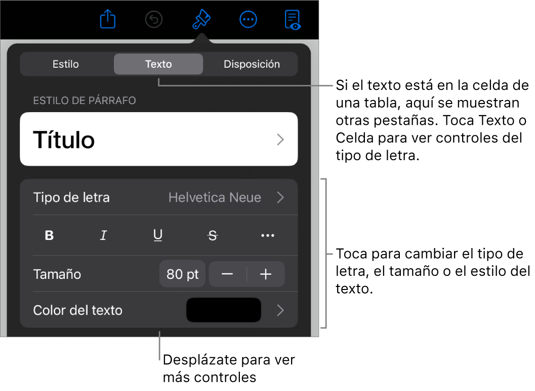 Controles de texto en el menú Formato para configurar los estilos de párrafo y carácter, tipo de letra, tamaño y color.