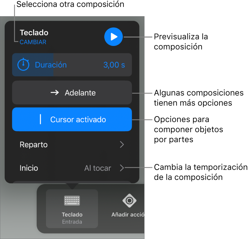 Las opciones de composición incluyen los tiempos de Duración, Entrega e Inicio. Toca Cambiar para seleccionar otra composición o toca Previsualización para previsualizar la composición.