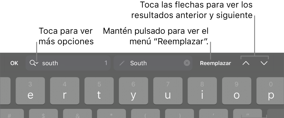 Los controles de “Buscar y reemplazar” en la parte superior del teclado con llamadas a los botones “Opciones de búsqueda”, Reemplazar, Arriba y Abajo.