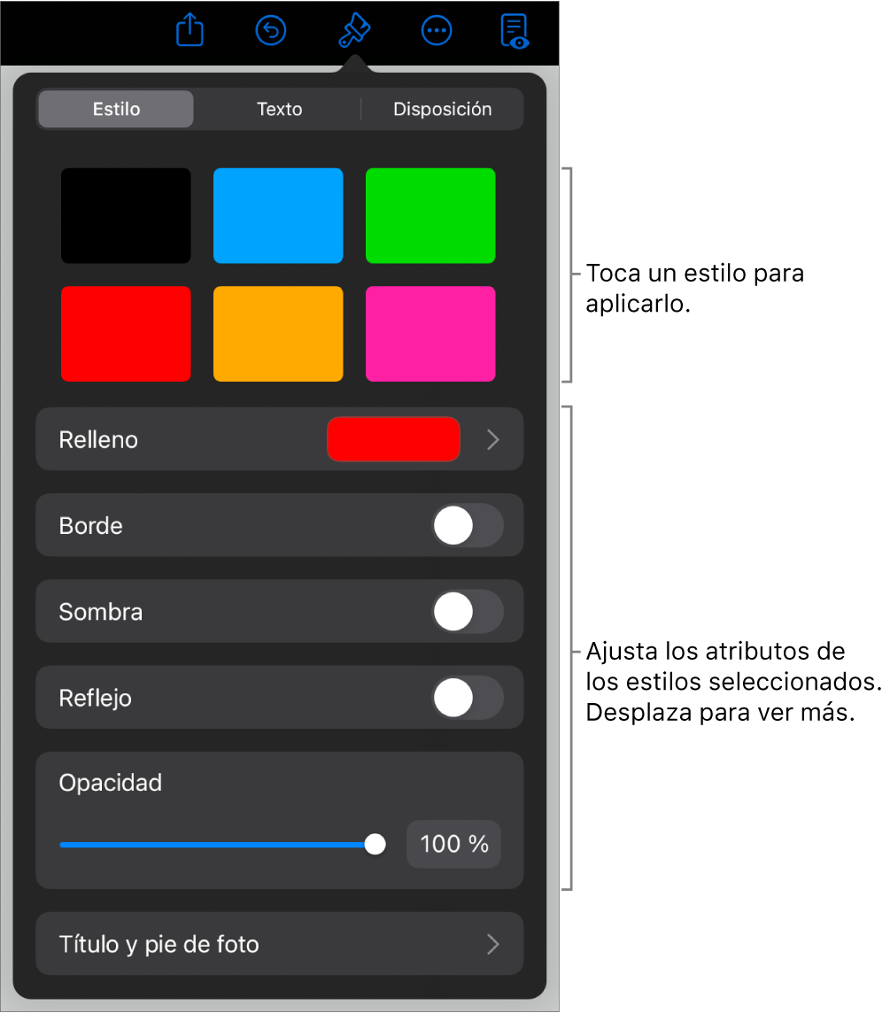 La pestaña Estilo del menú Formato con estilos de objetos en la parte superior y controles debajo para cambiar el borde, las sombras, los reflejos y la opacidad.