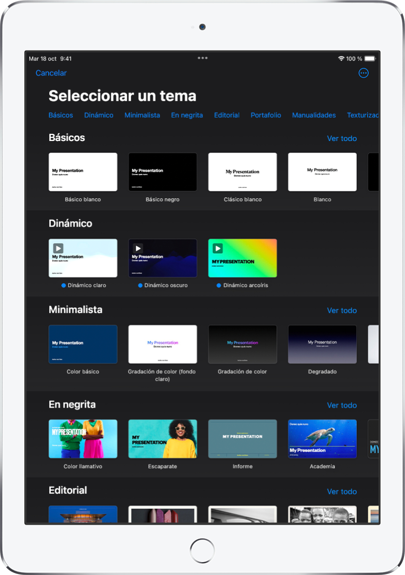 El selector de tema, mostrando una fila de categorías a lo largo de la parte superior que puedes tocar para filtrar las opciones. Debajo hay miniaturas de temas prediseñados organizados en filas por categorías.