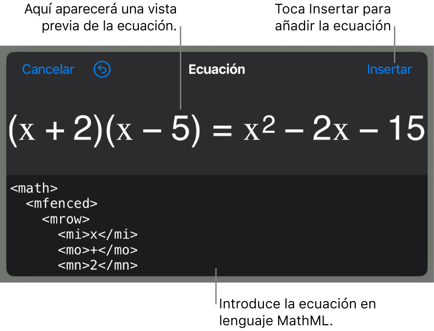 El diálogo Ecuación con una ecuación escrita con comandos de MathML y una previsualización de la fórmula encima.