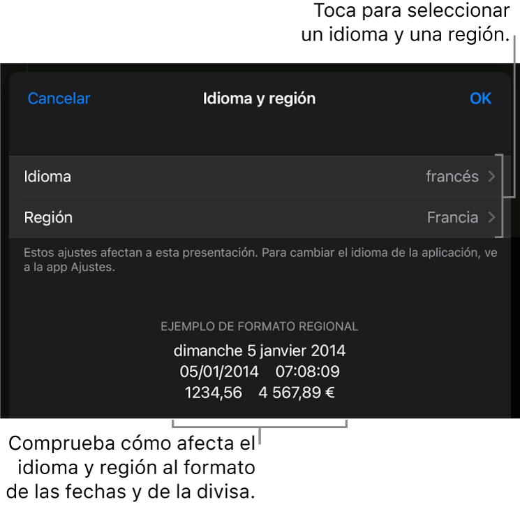 Panel “Idioma y región” con controles para el idioma y la región, y un ejemplo de formato que incluye la fecha, la hora, los decimales y la divisa.