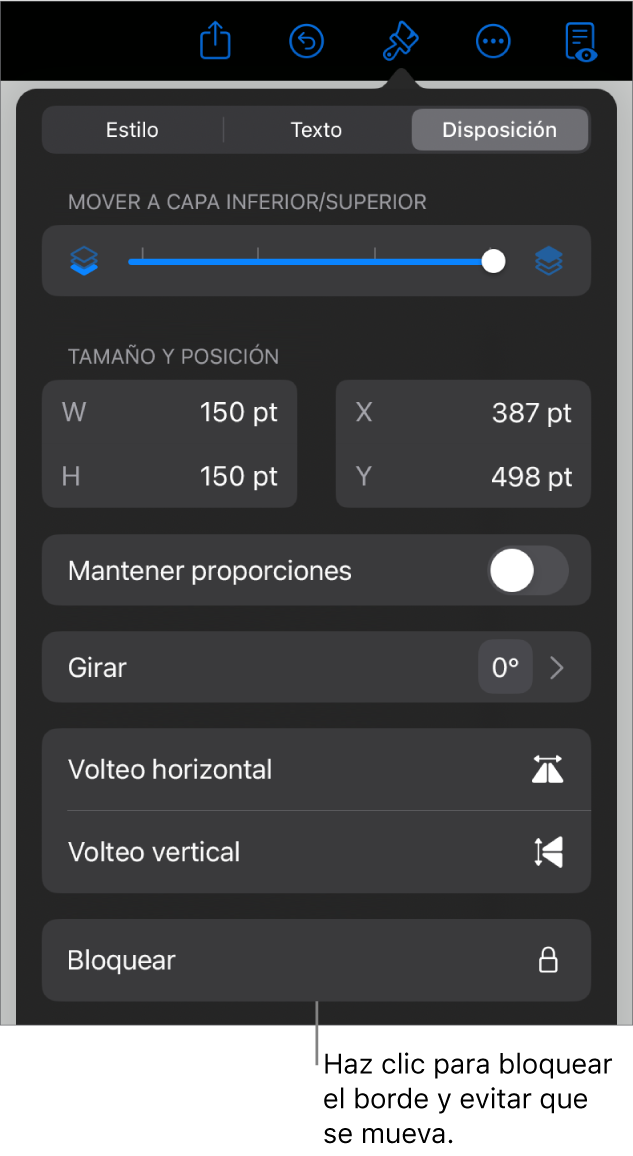 Controles de Disposición en el menú Formato con el botón Bloquear señalado.