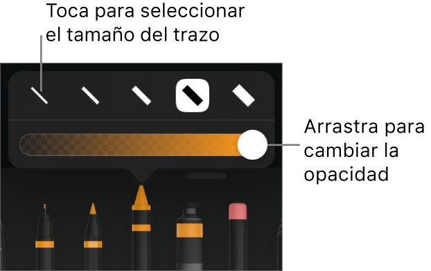 Controles para seleccionar un tamaño de trazo y un regulador para ajustar la opacidad.