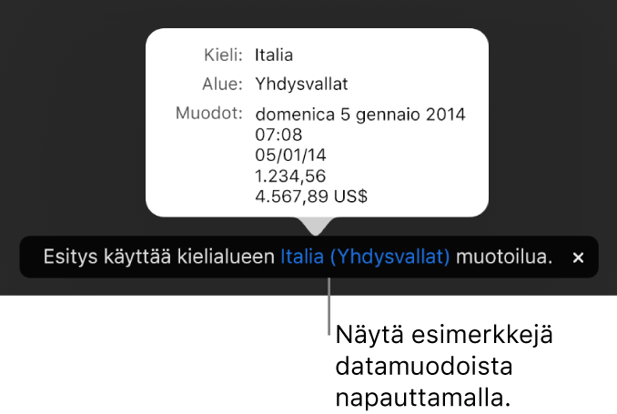 Eri kieli- ja alueasetuksen ilmoitus, jossa on esimerkkejä kyseisen kielen ja alueen muotoilusta.