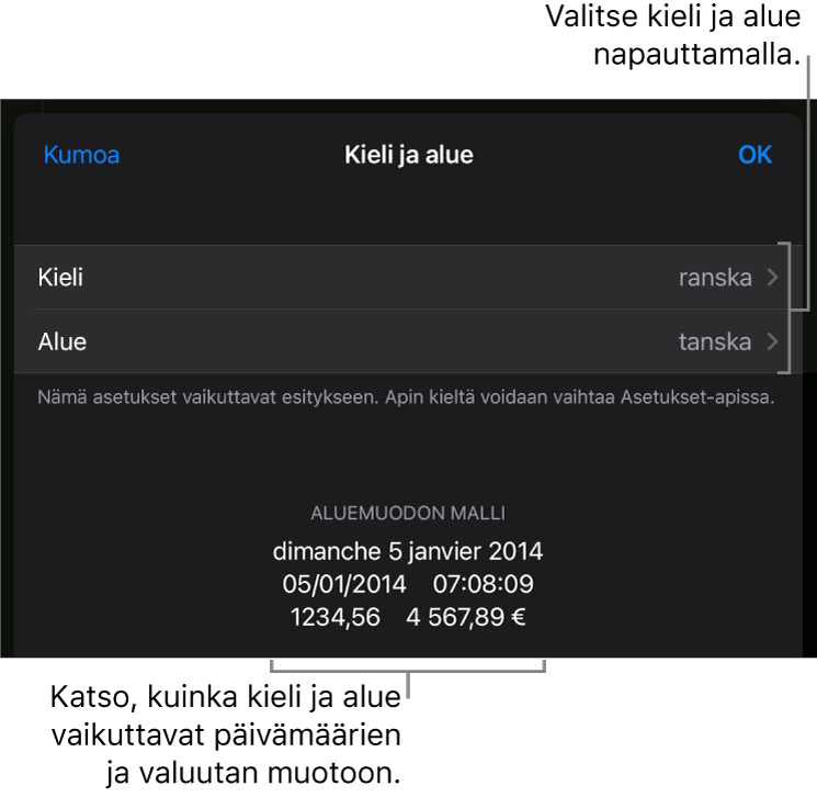 Kieli ja alue -osio, jossa näkyvät kielen ja alueen säätimet sekä muotoesimerkki mukaan lukien päivämäärä, aika, desimaali ja valuutta.