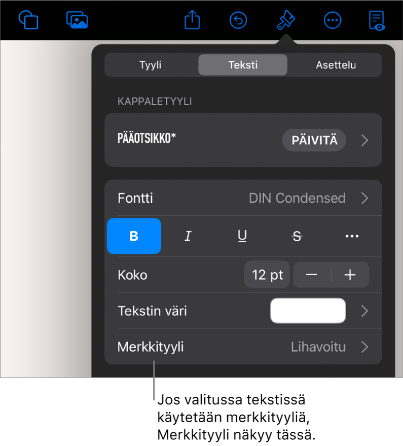 Tekstin muotoilusäätimet, joissa Merkkityyli on värisäätimien alla. Merkkityylissä Ei mitään on tähtimerkki.