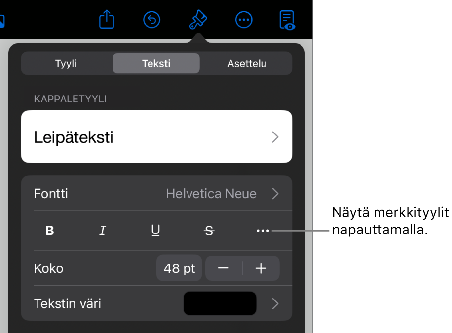 Muoto-säätimet, joiden yläreunassa on kappaletyylit, ja Fontti-säätimet. Fontin alla on seuraavat painikkeet: Lihavointi, Kursivointi, Alleviivaus, Yliviivaus ja Lisää tekstivalintoja.