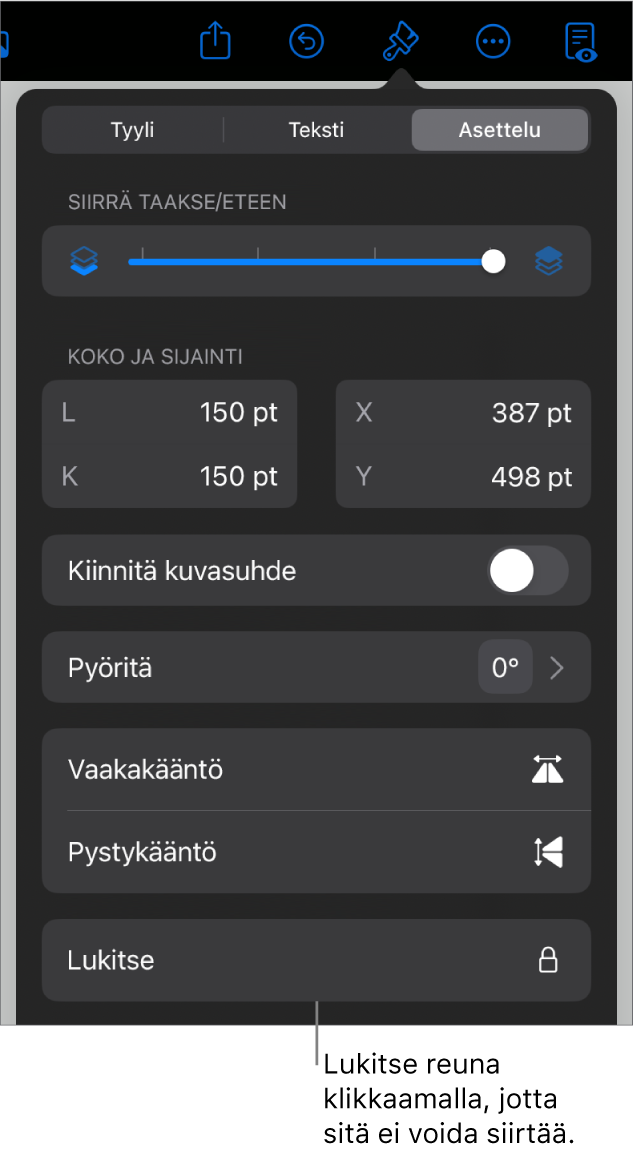 Järjestä-säätimet Muoto-valikossa, ja Lukitse-painike näkyy korostettuna.