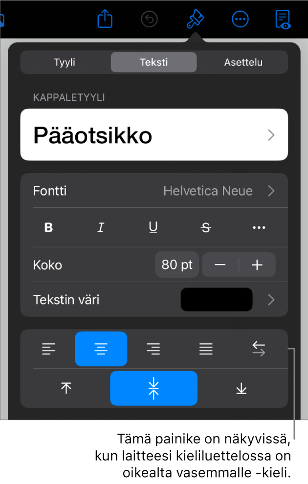 Muoto-valikon tekstisäätimet ja selite Vasemmalta oikealle -painikkeeseen.