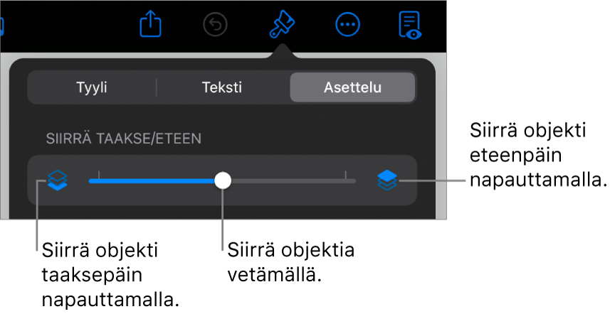 Siirrä taakse -painike, Siirrä eteen -painike ja kerrosliukusäädin.