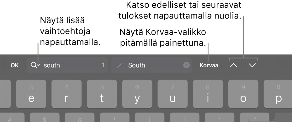 Etsi ja korvaa ‑säätimet näppäimistön yläpuolella ja selitteet Hakuvalinnat-, Korvaa-, Siirry ylös- ja Siirry alas ‑painikkeille.