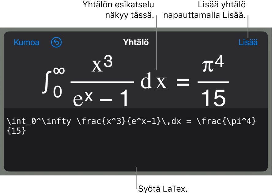 Yhtälö-valintaikkuna, jossa näkyy LaTex-komentoja käyttäen syötetty yhtälö, ja yllä kaavan esikatselu.