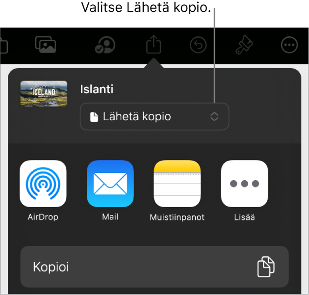 Jaa-valikko, jossa on ylhäällä valittuna Lähetä kopio.